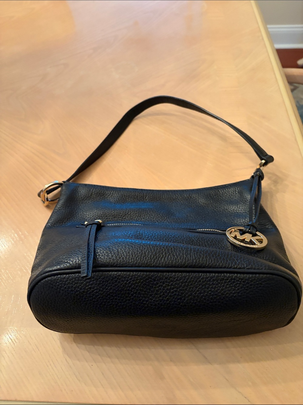 Michael Kors Black Pebbled Leather Shoulder Bag with Gold Logo Charm